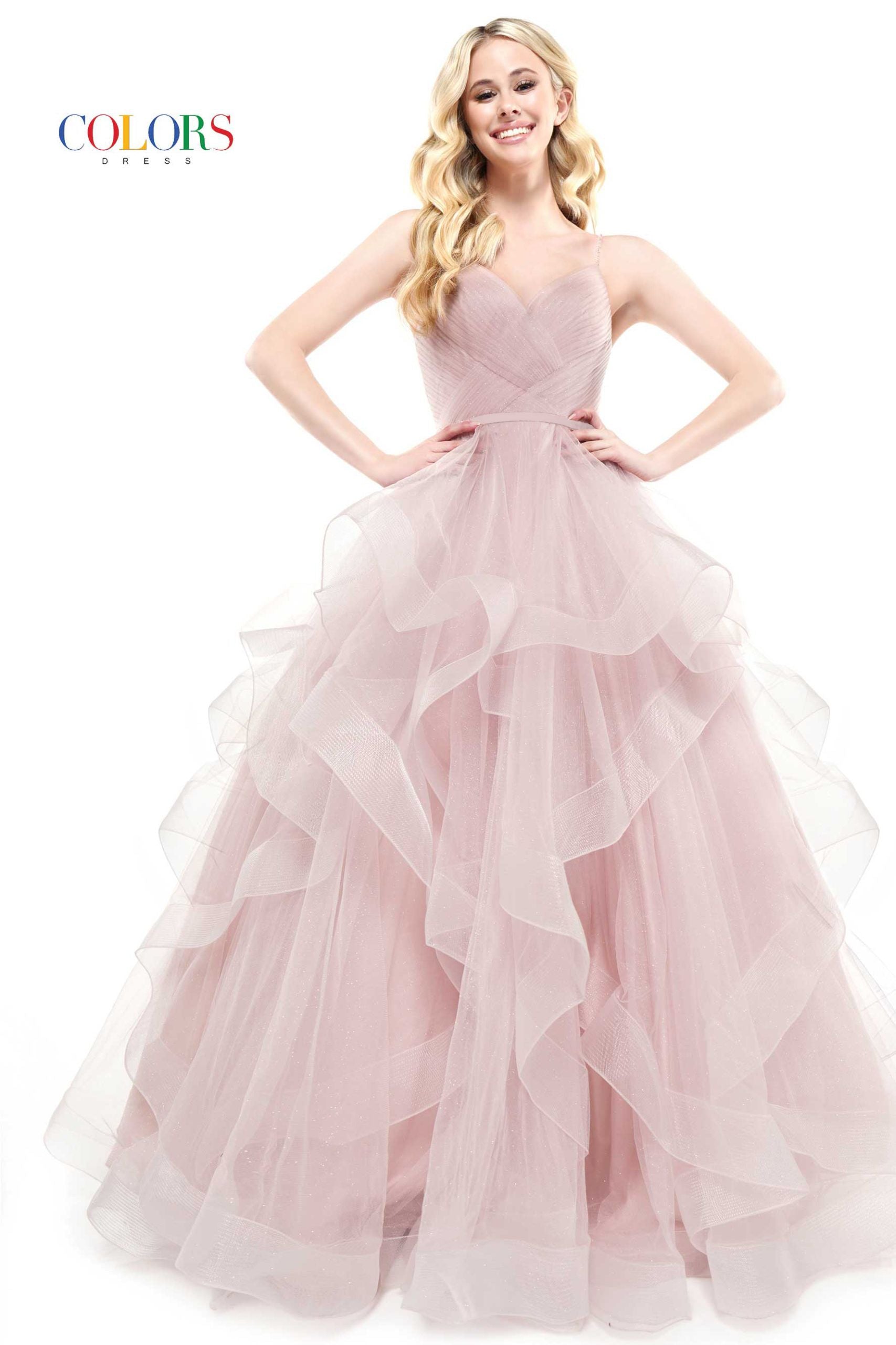 Colors Dress -2381 Ruffled V-Neck Glitter Ballgown