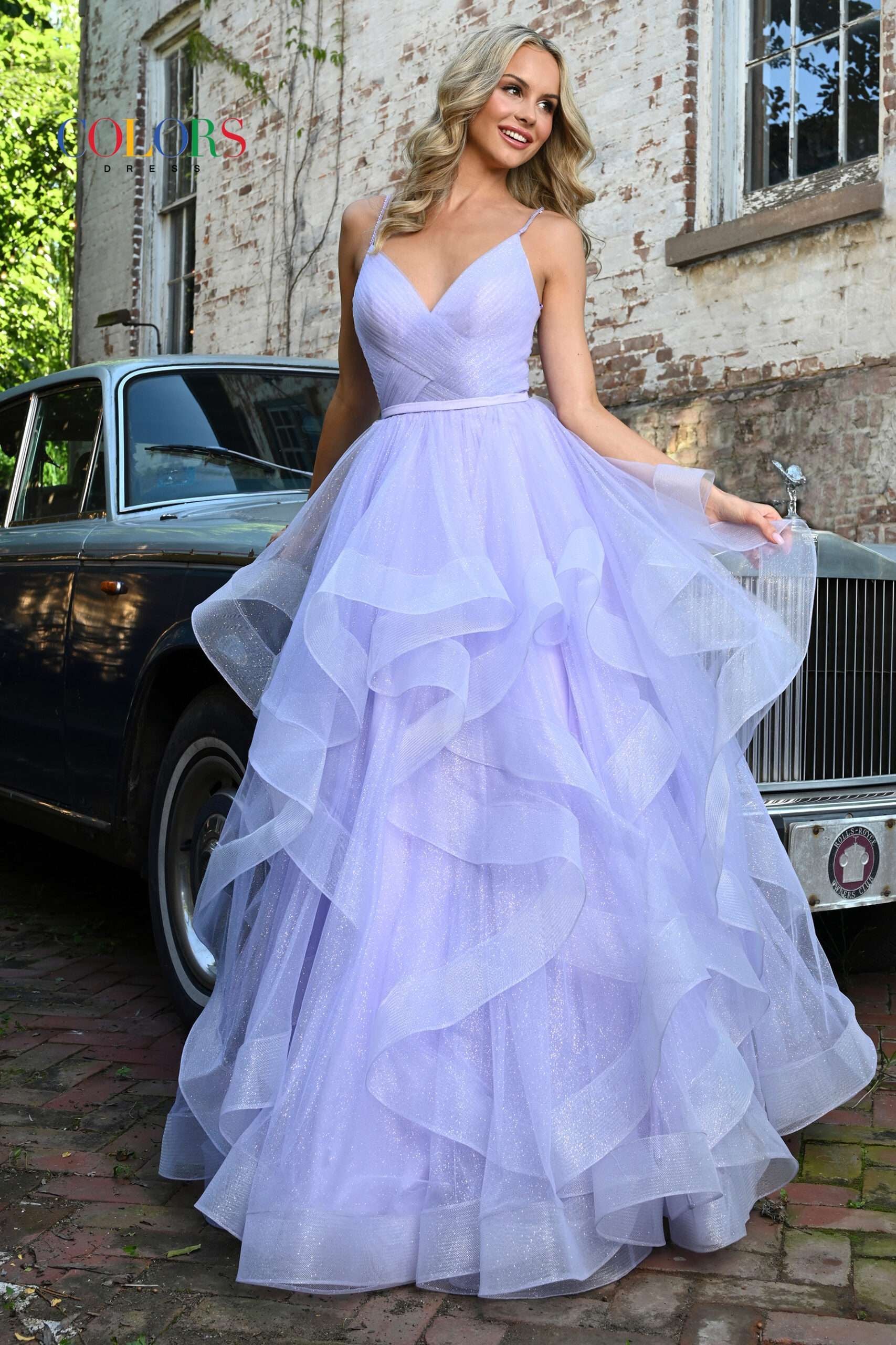 Colors Dress -2381 Ruffled V-Neck Glitter Ballgown