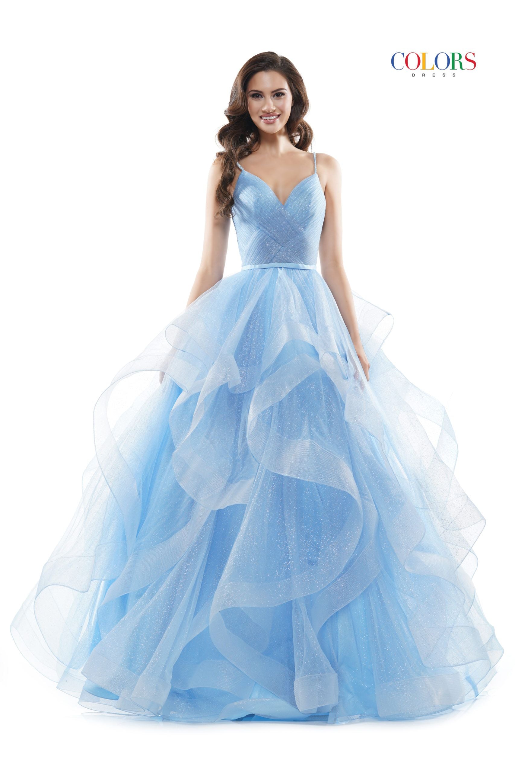 Colors Dress -2381 Ruffled V-Neck Glitter Ballgown