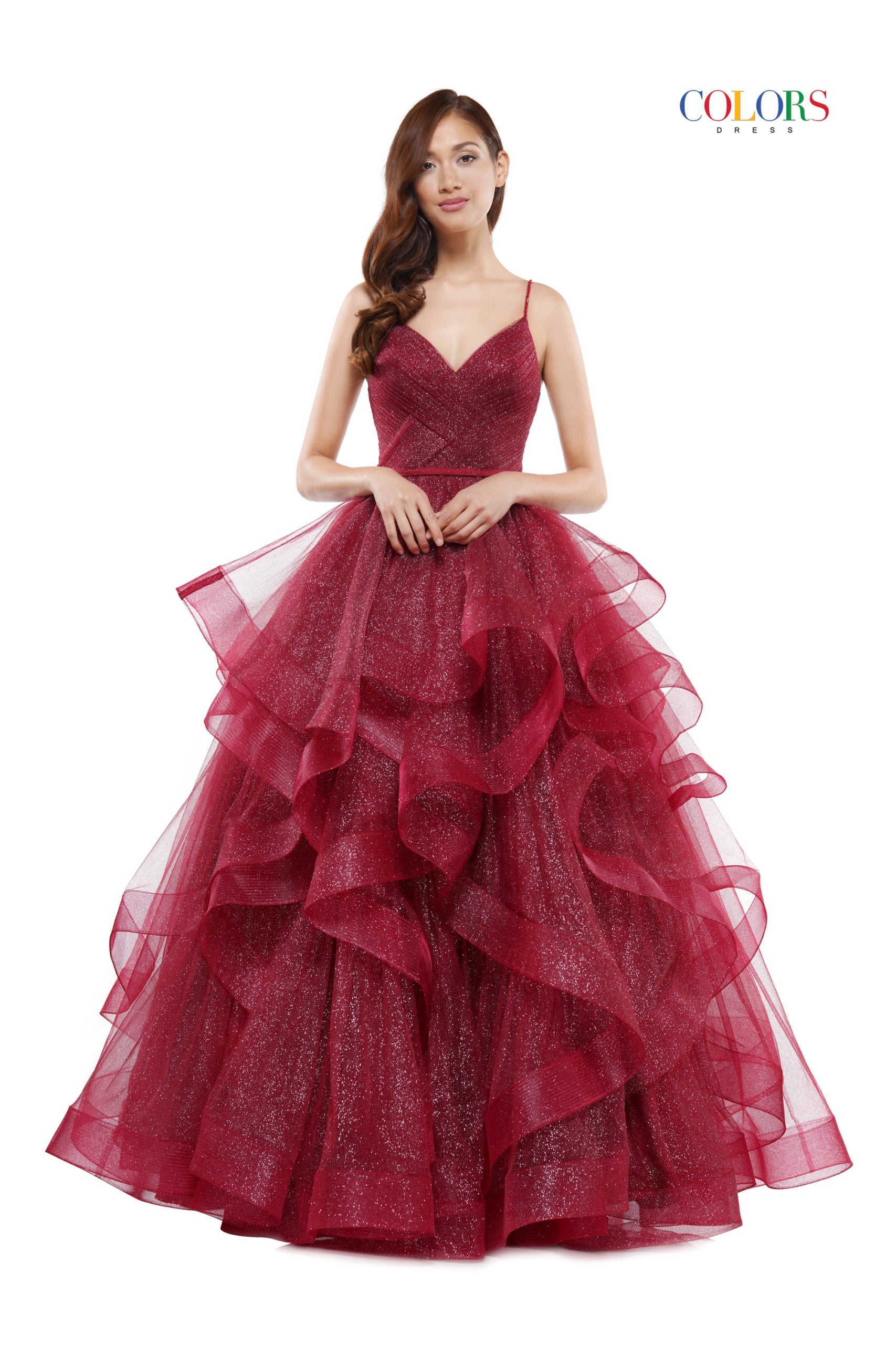 Colors Dress -2381 Ruffled V-Neck Glitter Ballgown