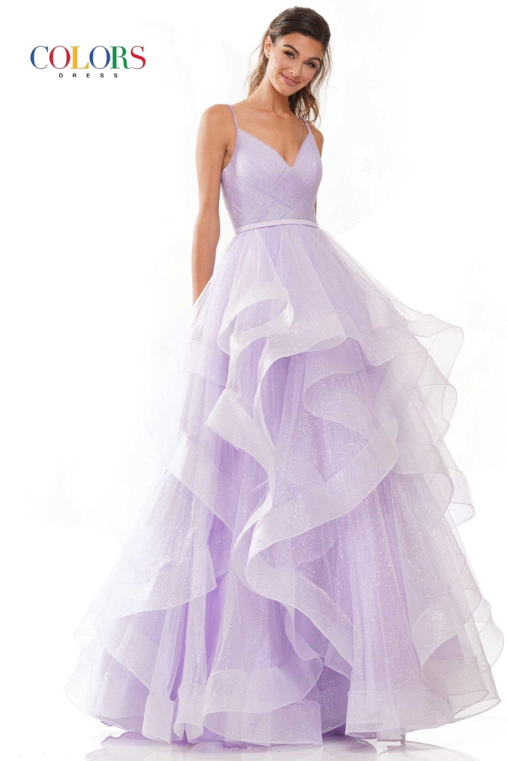 Colors Dress -2381 Ruffled V-Neck Glitter Ballgown