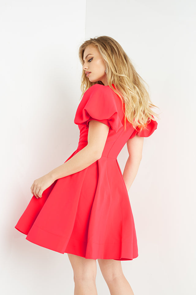 Puff Sleeve Plunging A-Line Dress By Jovani -07628
