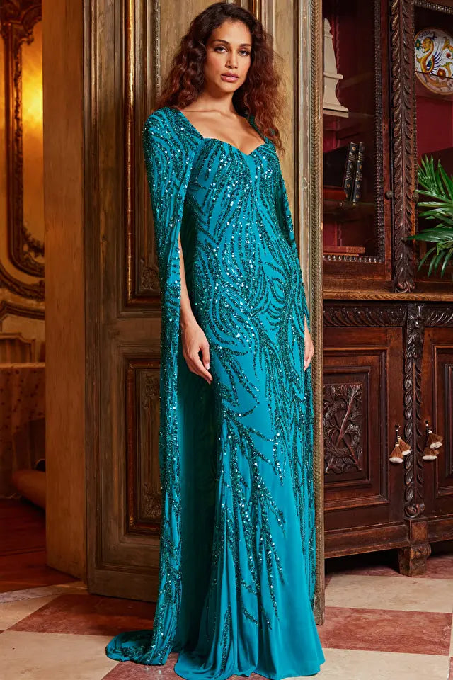 Jovani -23891 Long Cape Sequin Evening Dress