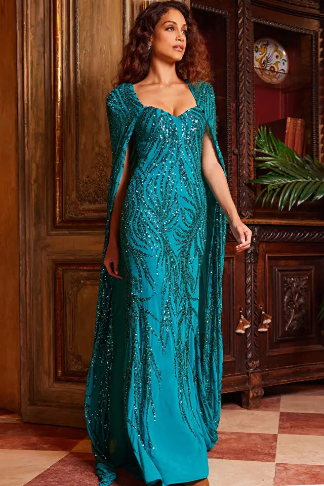 Jovani -23891 Long Cape Sequin Evening Dress