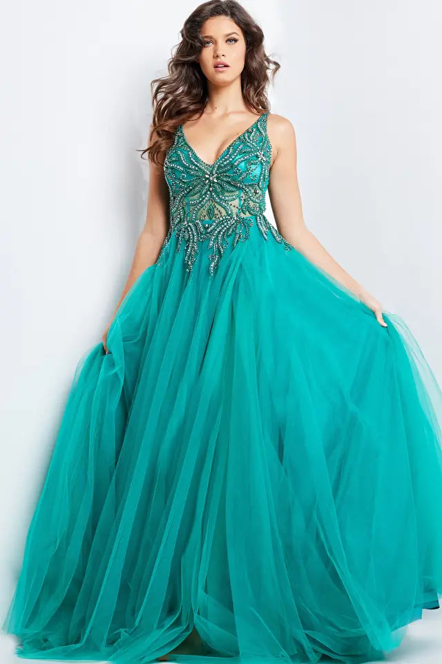 Jovani -23962 Beaded Illusion High Slit Ballgown