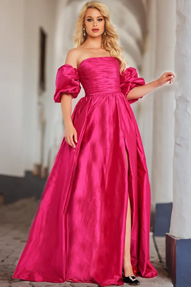 Jovani -24099 Puff Sleeves Taffeta A-line Gown