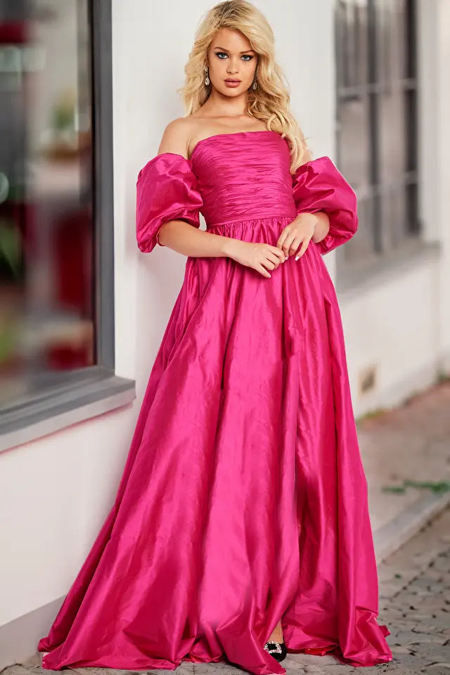 Jovani -24099 Puff Sleeves Taffeta A-line Gown