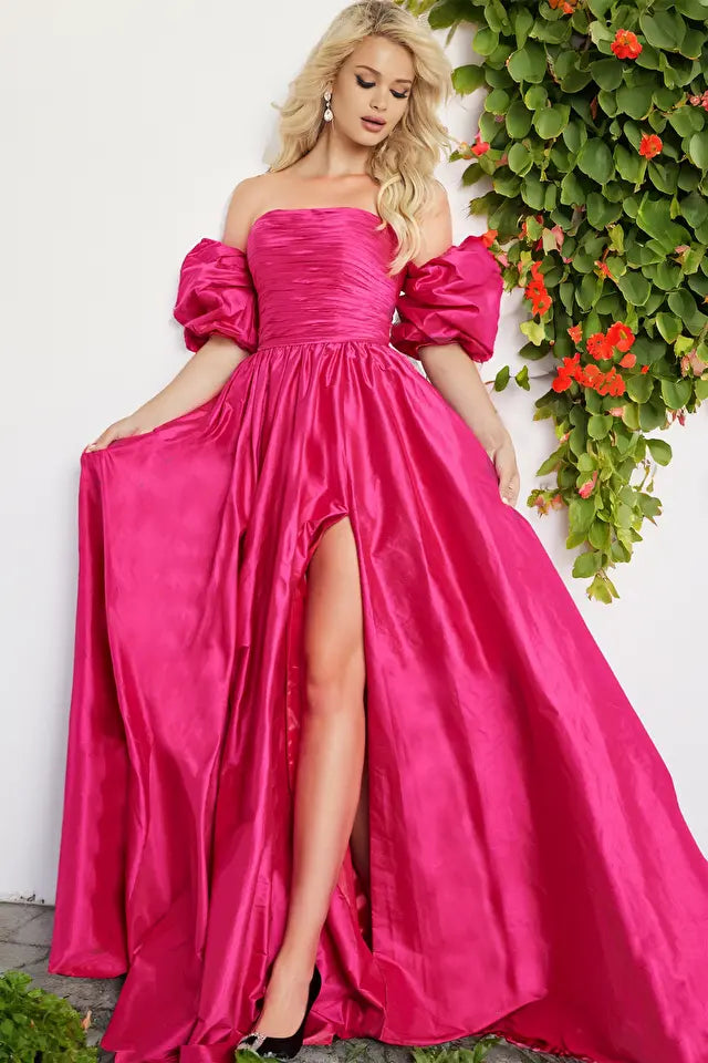 Jovani -24099 Puff Sleeves Taffeta A-line Gown