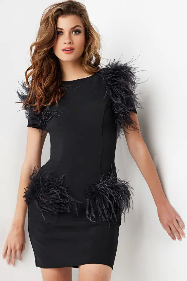 Jovani -24558 Feather Details Cocktail Sheath Dress