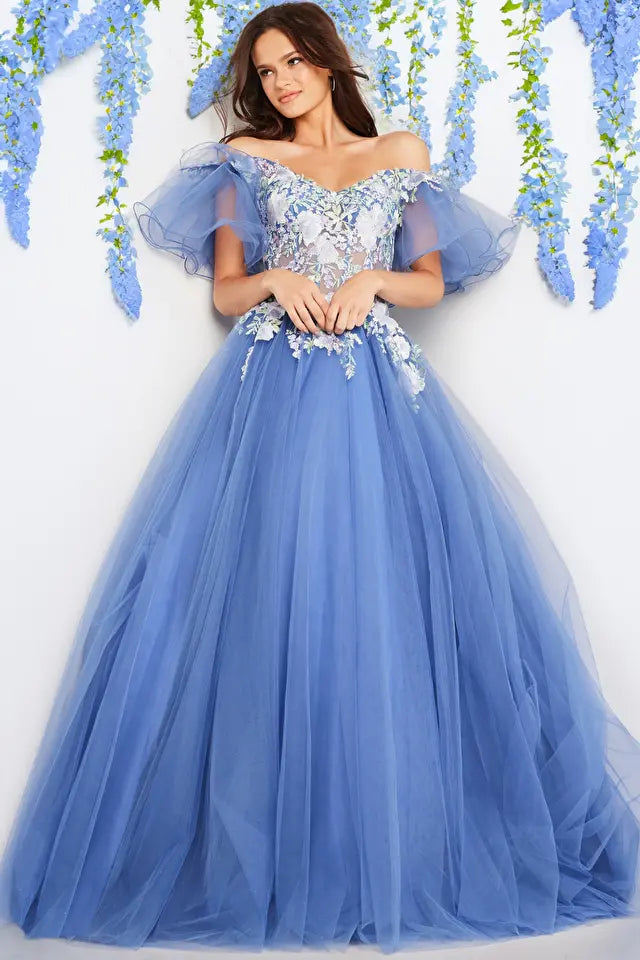 Jovani -24575 Tulle Floral Butterfly Sleeves Ballgown