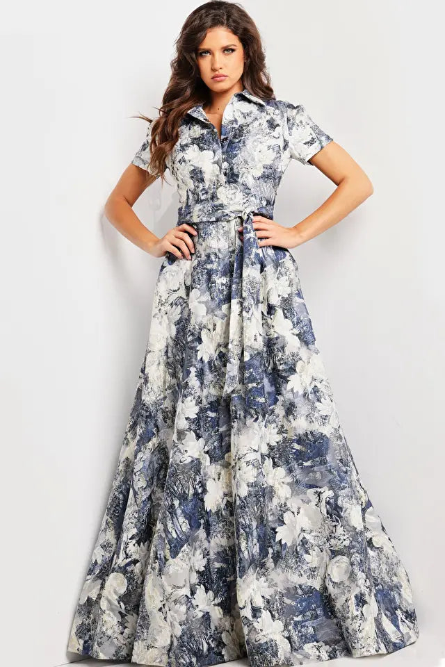 Jovani -25664 Collared Short Sleeve Printed Dress