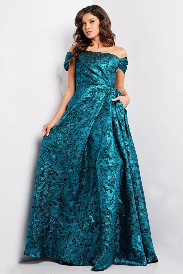 Jovani -25665 Jacquard Cap Sleeve Evening Gown