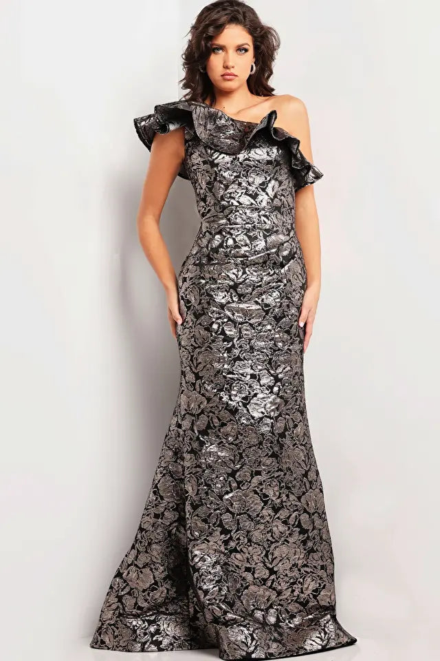 Jovani -25676 Jacquard Floral Cap Sleeve Evening Gown