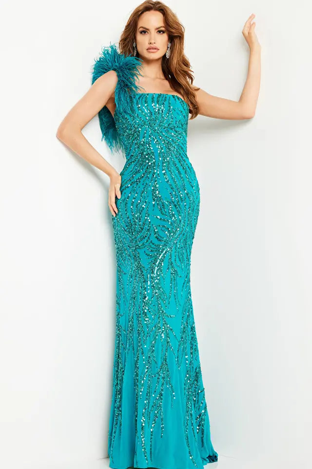 Jovani -25690 Feather Strap Straight Sequin Prom Dress