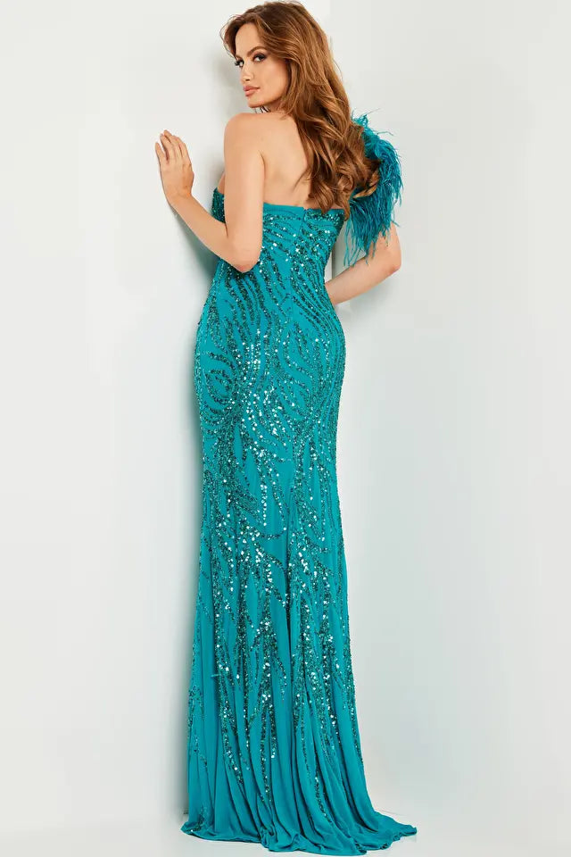 Jovani -25690 Feather Strap Straight Sequin Prom Dress