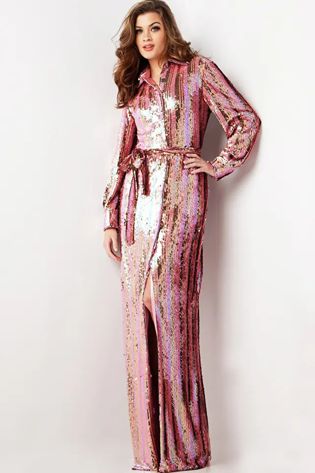 Jovani -26136 Multi Sequin Long Sleeve Slit Dress