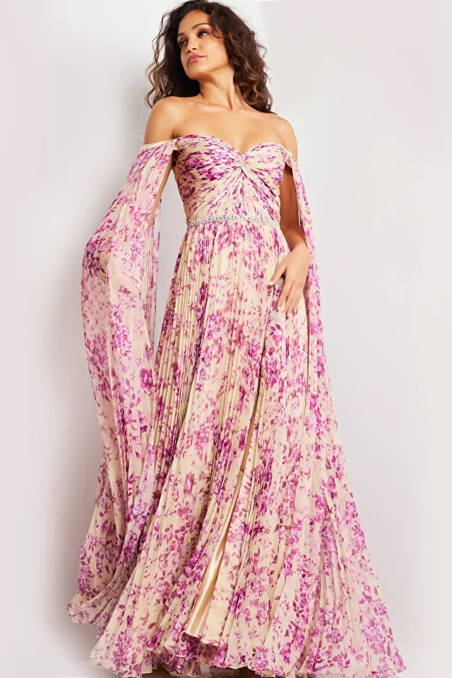 Jovani -26141 Print Pleated Cape Sleeves Long Dress