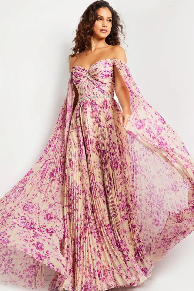 Jovani -26141 Print Pleated Cape Sleeves Long Dress