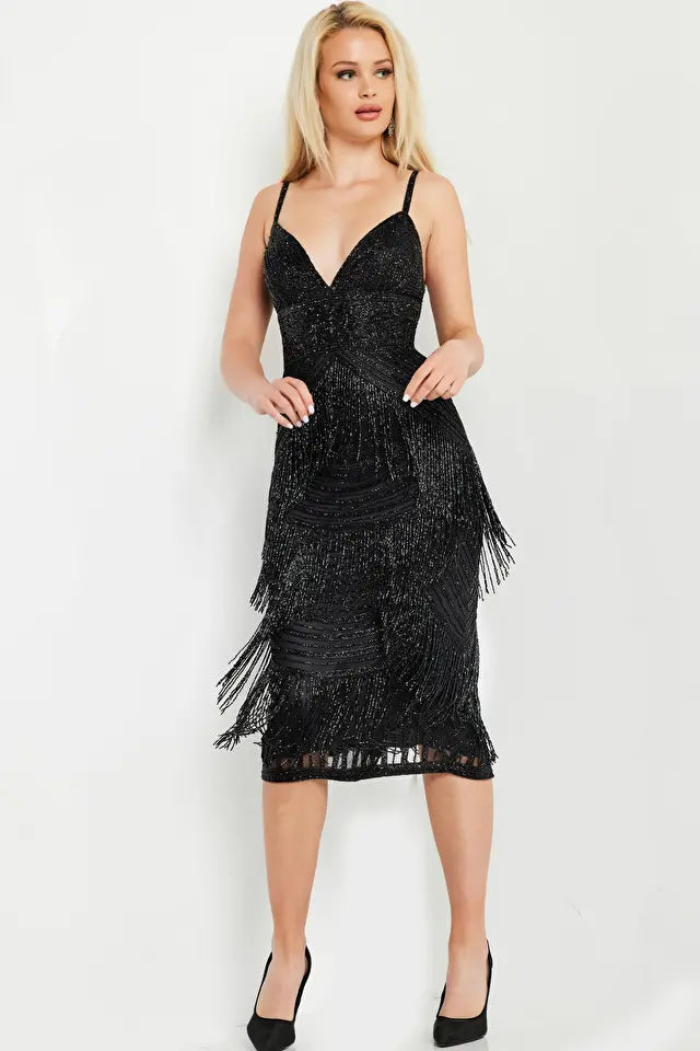 Jovani -26192 Tea Length Fringed Sheath Dress