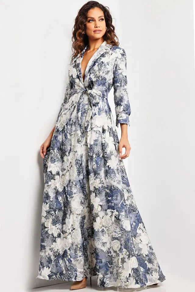 Jovani -26202 Floral V-Neck Long Sleeves Dress