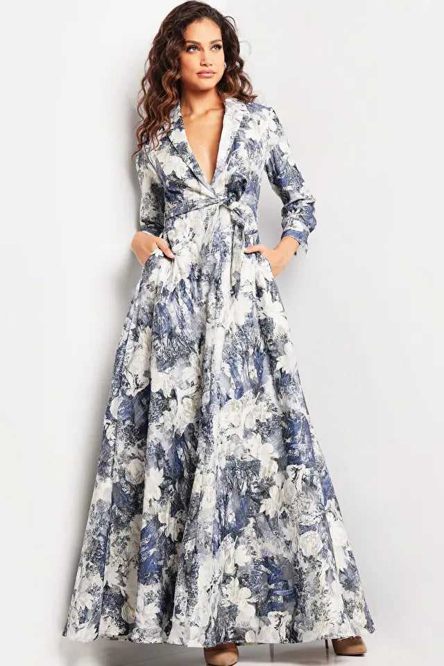 Jovani -26202 Floral V-Neck Long Sleeves Dress