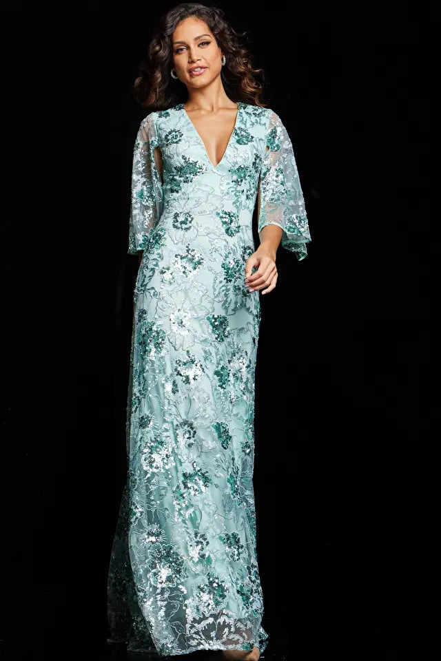 Jovani -26923 Sheer Sleeves Embroidered Floral Evening Gown