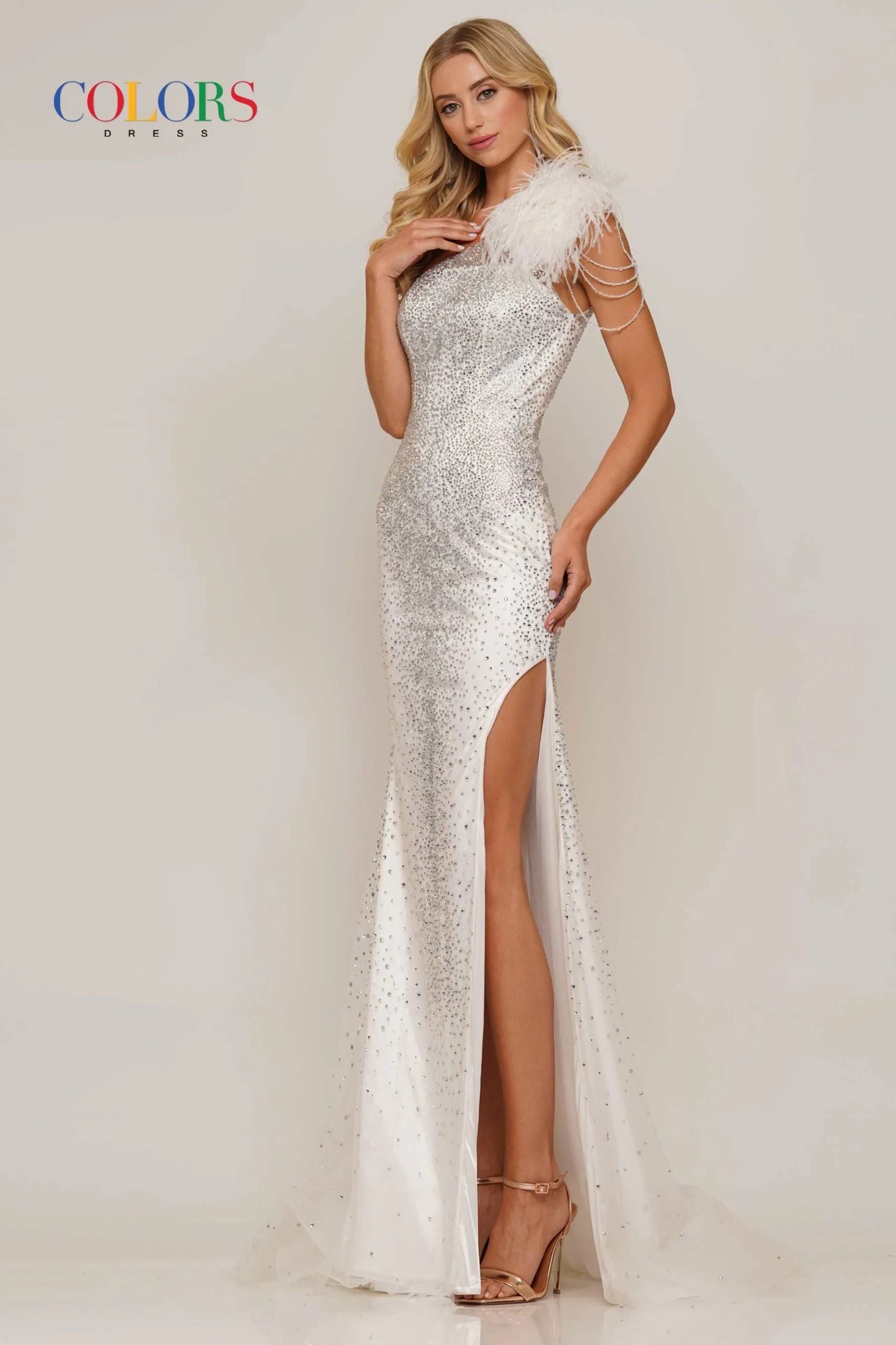 Colors Dress -2916 Feather One-Shoulder Prom Gown