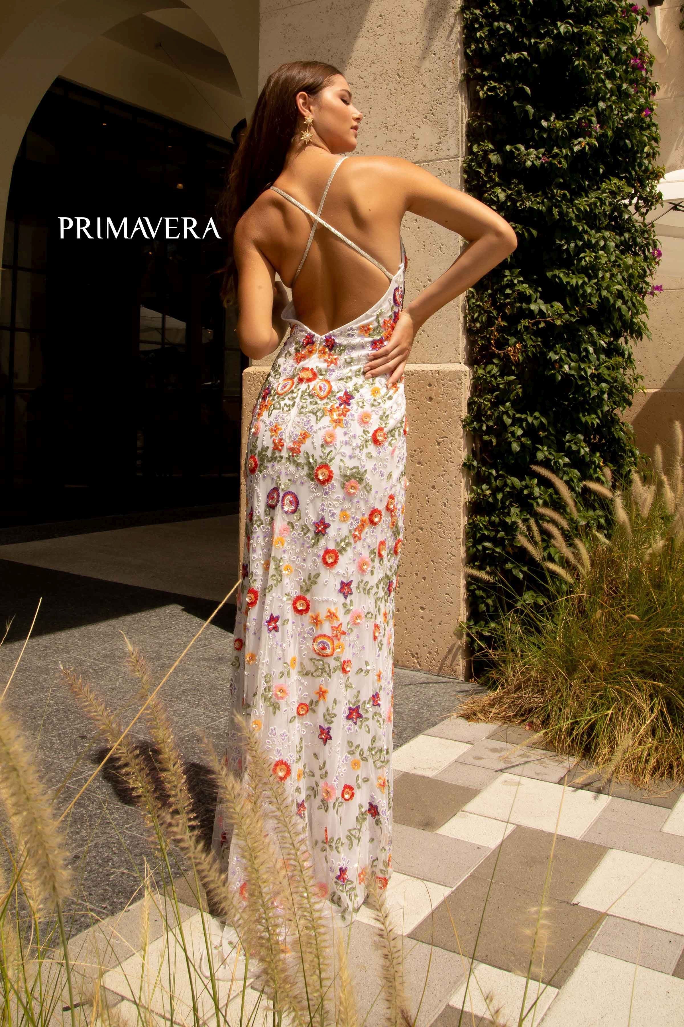 V-neck Beaded Sheath Dress With Slit 01 by Primavera Couture -3073