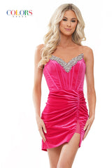 Colors Dress -3086 Short Fitted Velvet V-Neck Dress