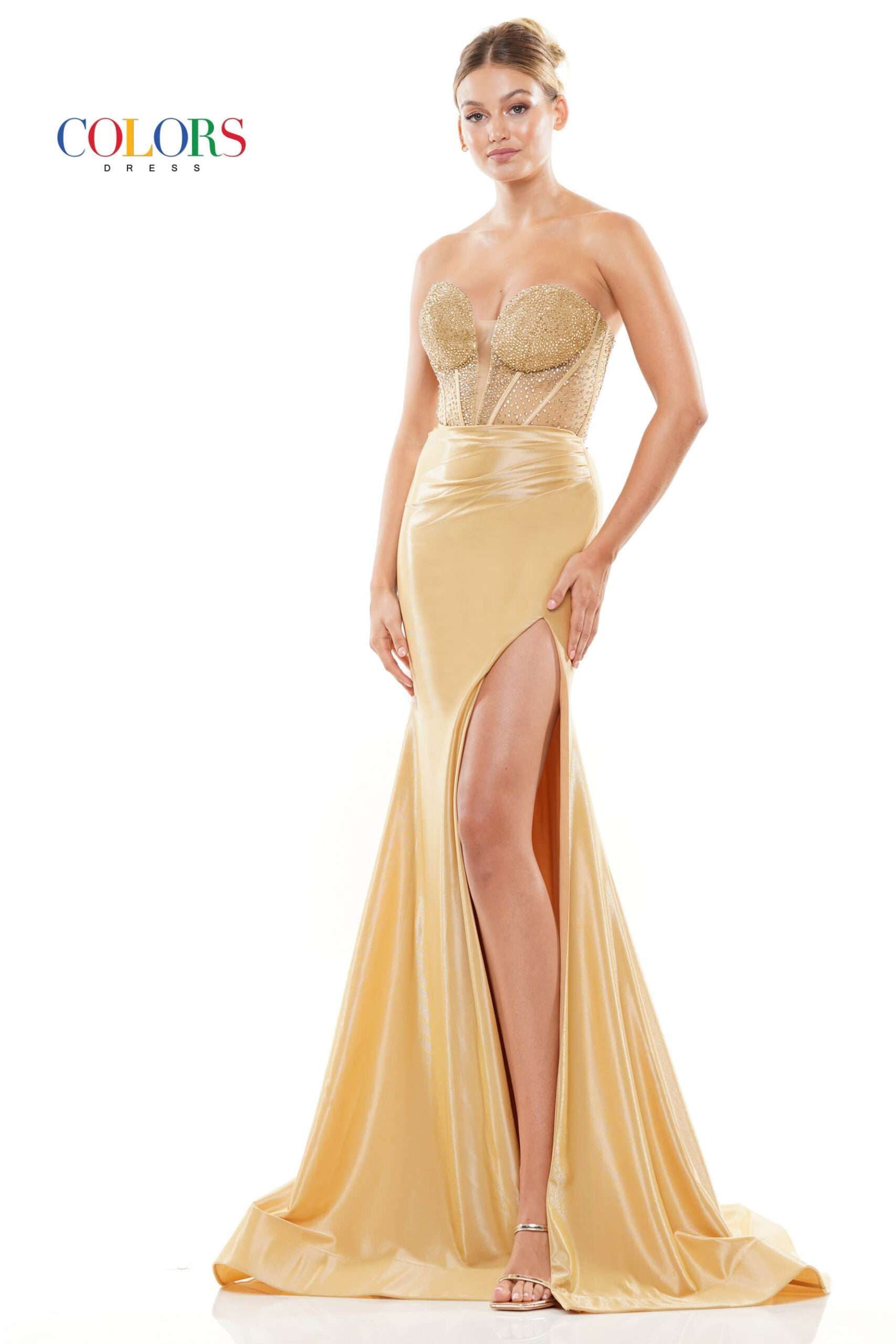 Colors Dress -3138 Strapless Metallic Jersey Slit Dress