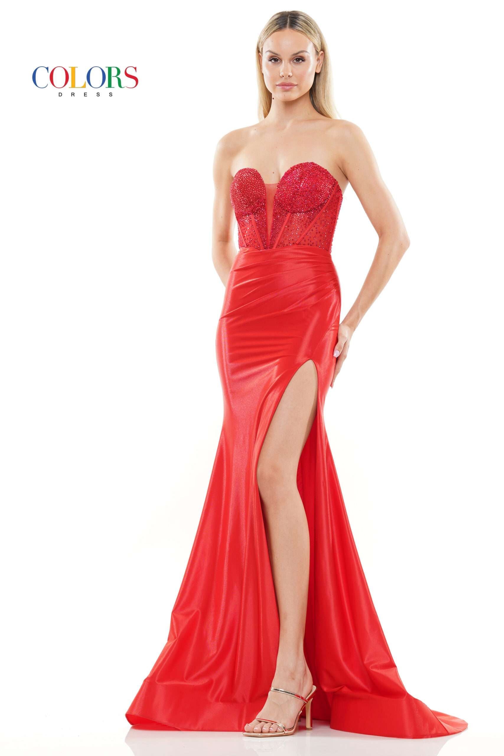 Colors Dress -3138 Strapless Metallic Jersey Slit Dress