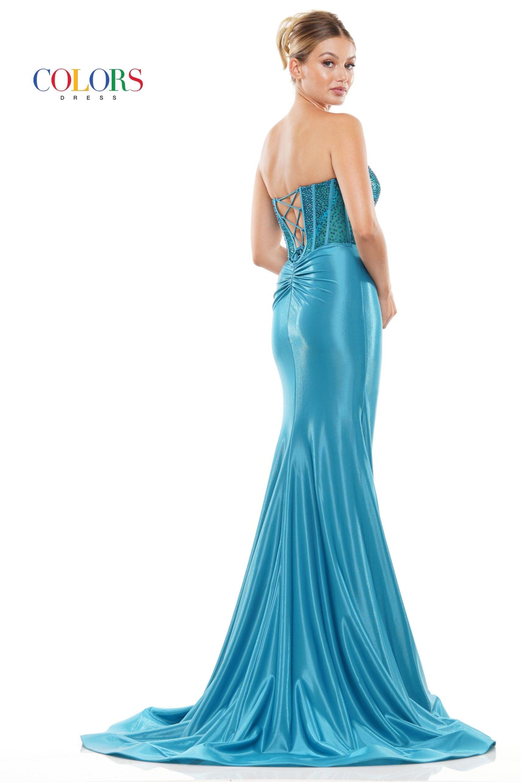 Colors Dress -3138 Strapless Metallic Jersey Slit Dress