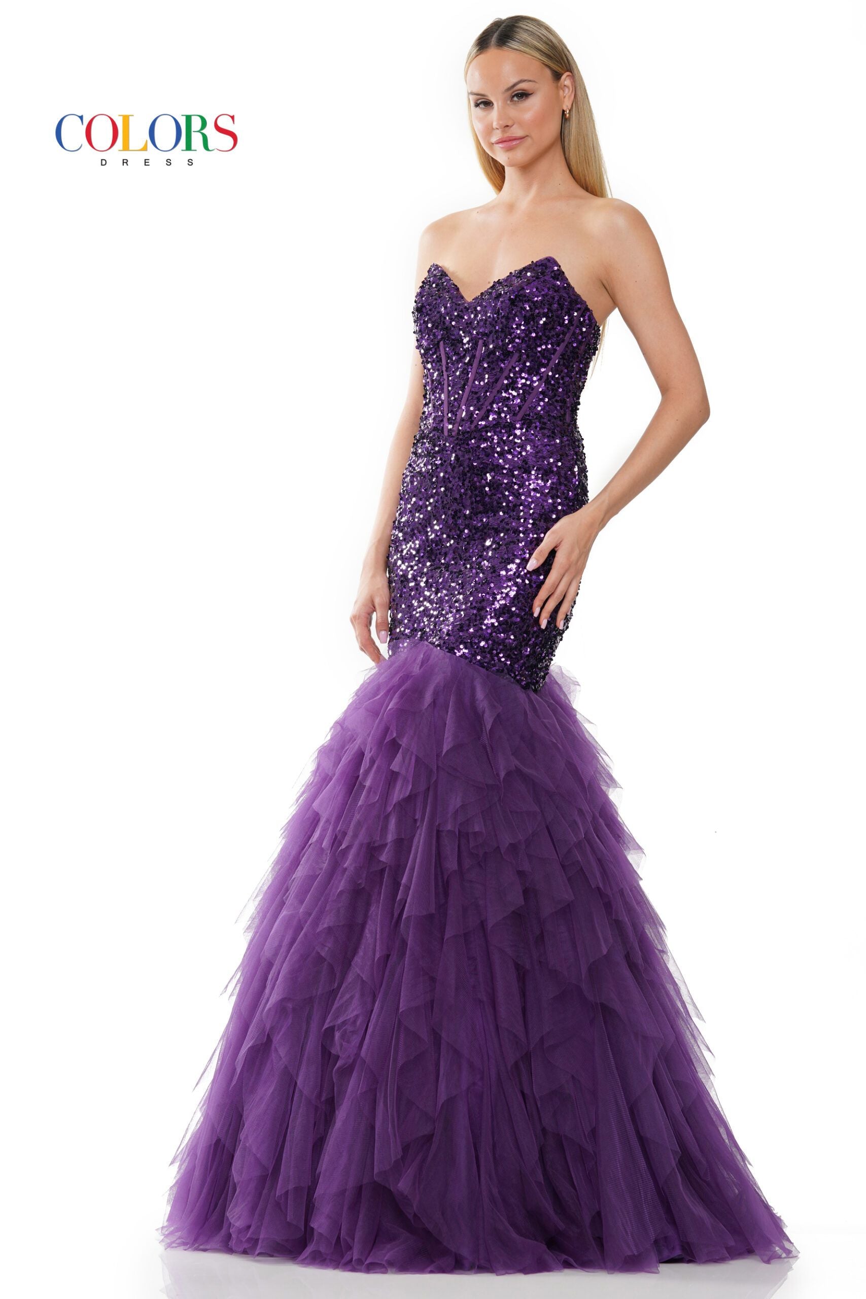 Colors Dress -3202 Sequin Cascade Strapless Mermaid Dress