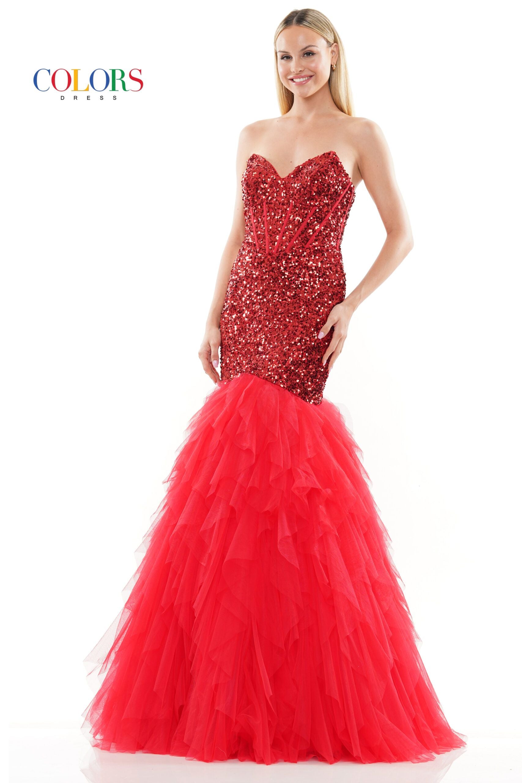 Colors Dress -3202 Sequin Cascade Strapless Mermaid Dress