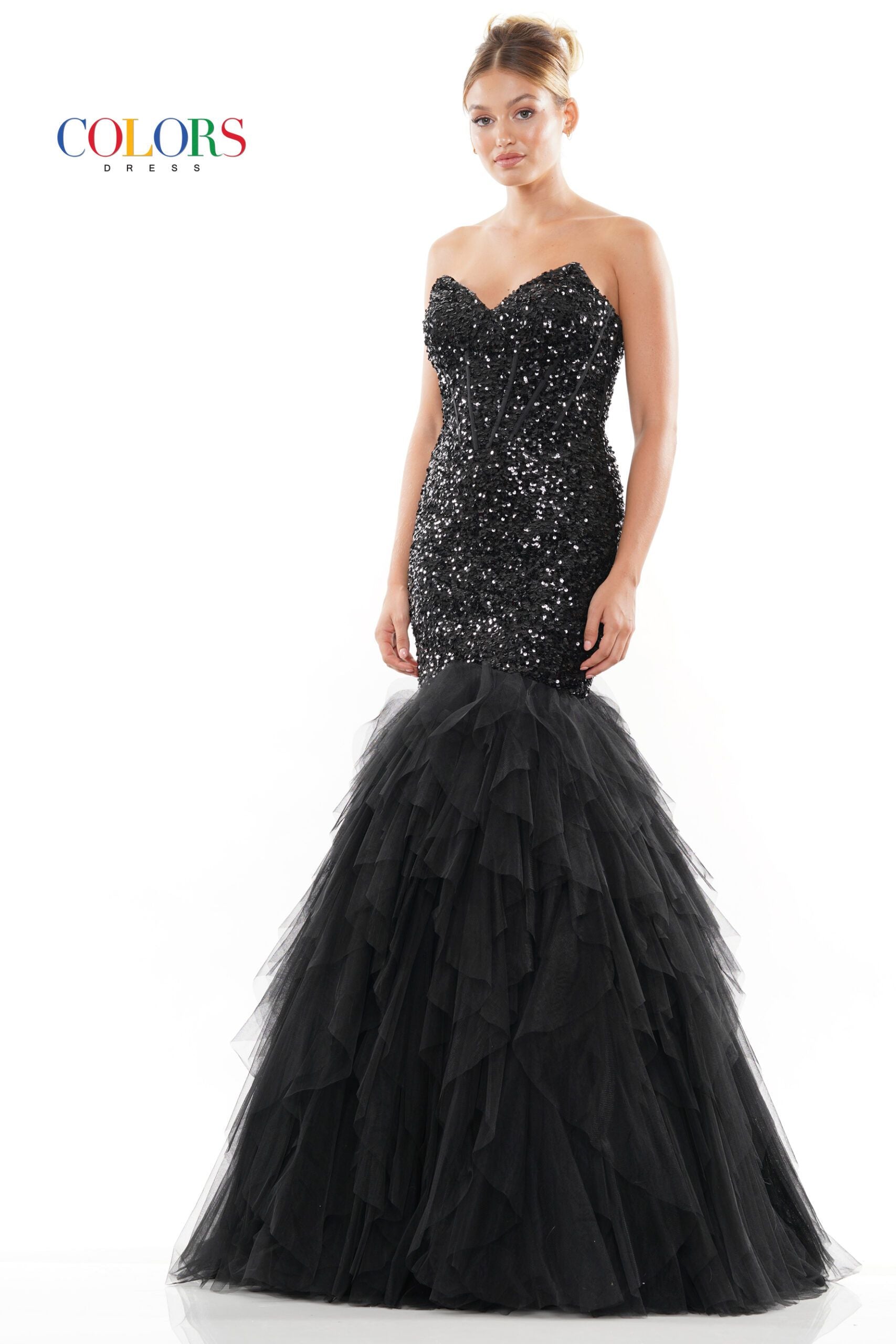 Colors Dress -3202 Sequin Cascade Strapless Mermaid Dress