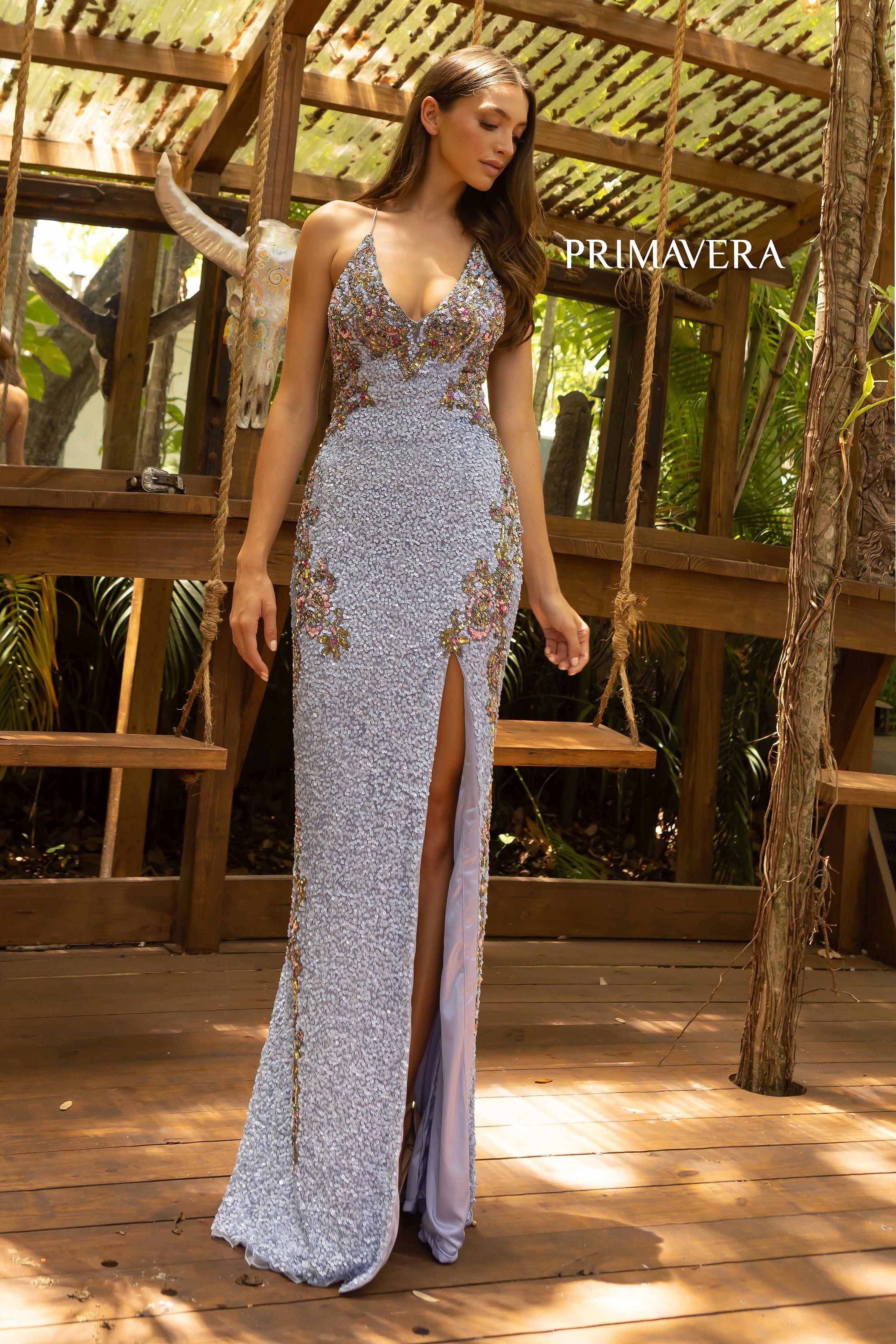 Plunging V-Neck Strappy Gown With Slit 01 By Primavera Couture -3211