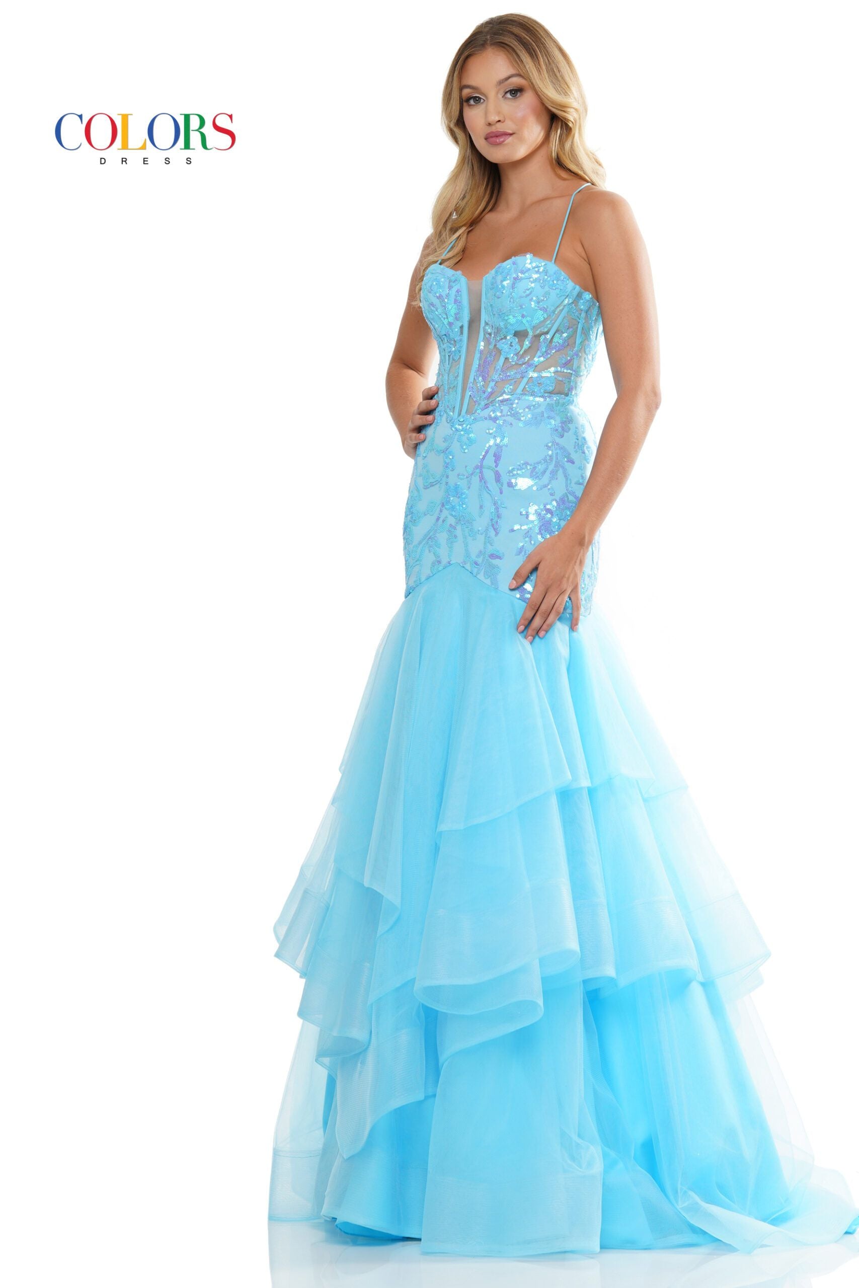 Colors Dress -3212 Deep Plunging Corset Mermaid Dress