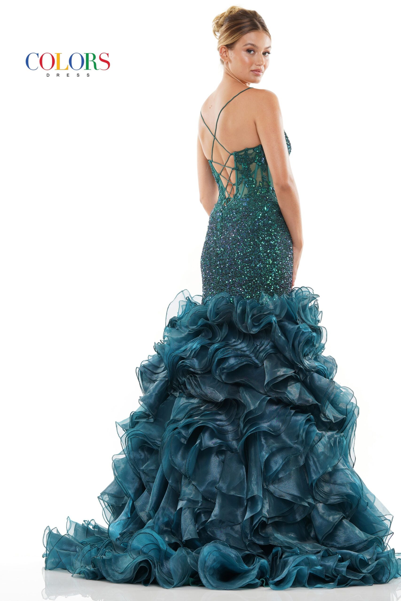 Colors Dress -3214 Sequin Organza Slit Mermaid Dress