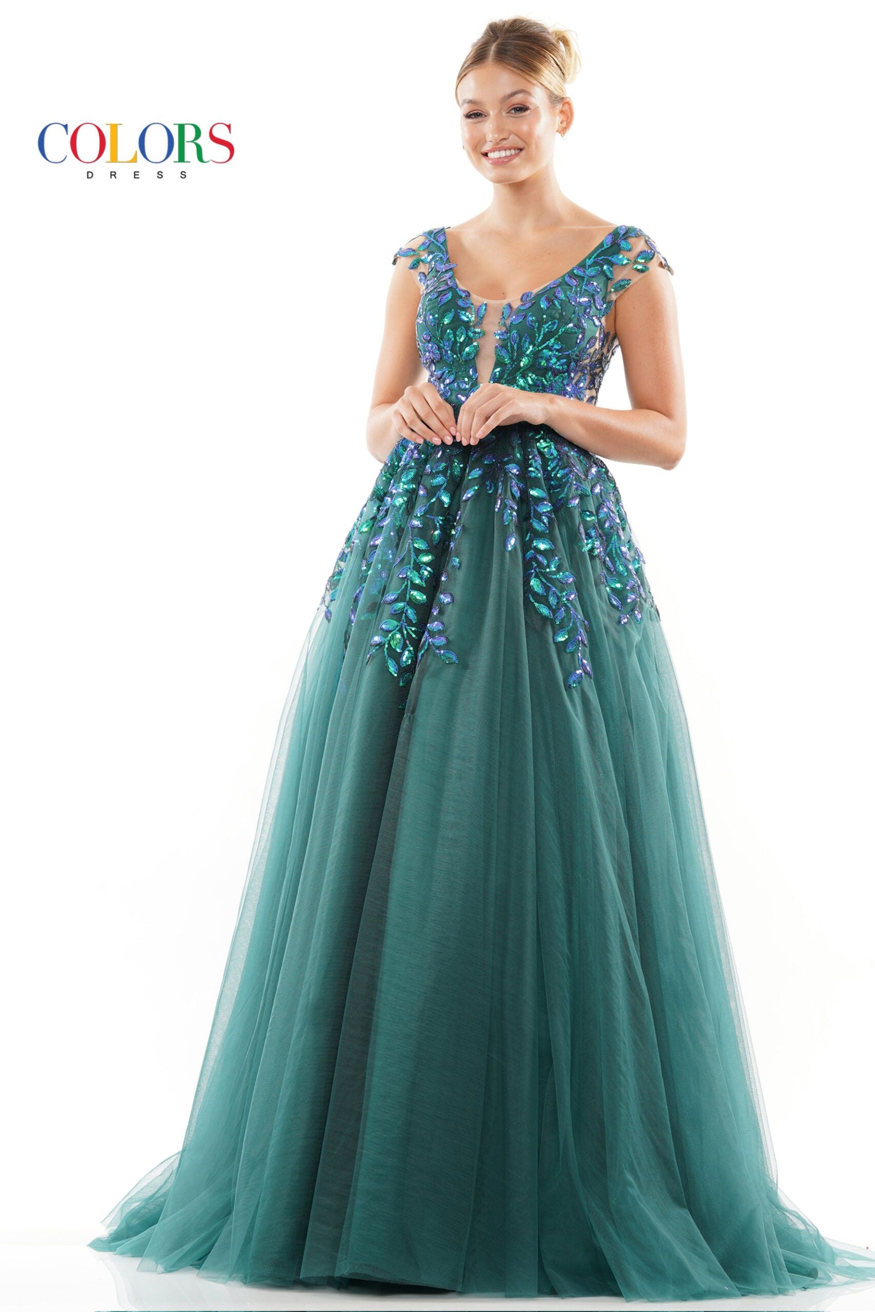 Colors Dress -3239 Sequin Lace Applique V-Neck Gown