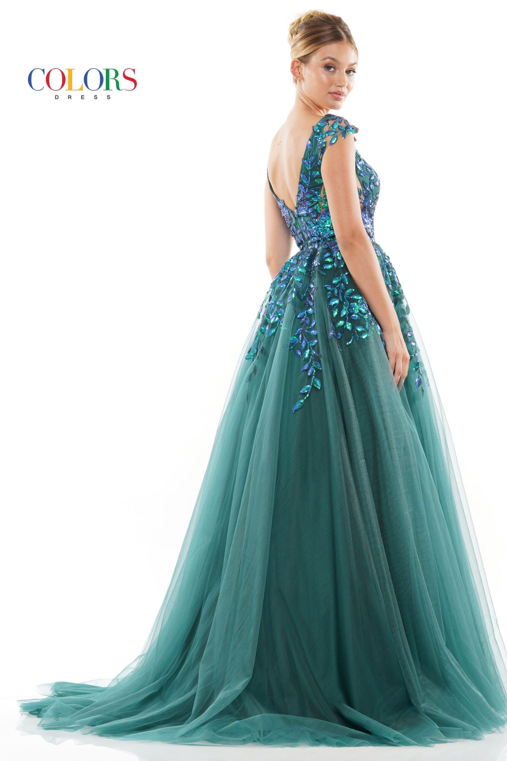 Colors Dress -3239 Sequin Lace Applique V-Neck Gown