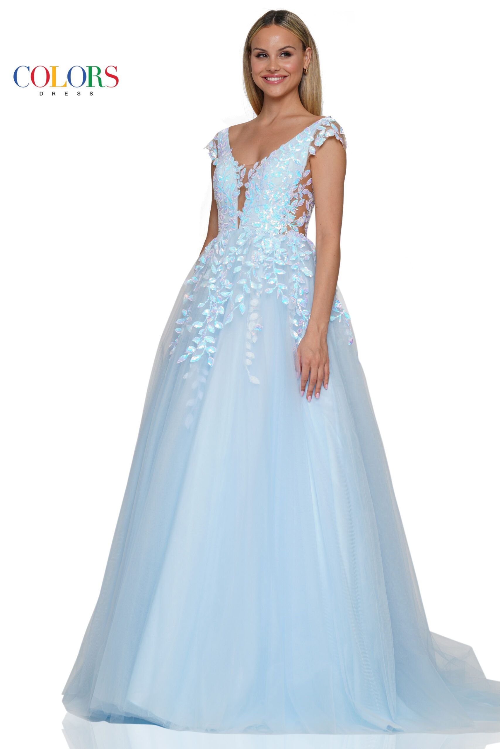 Colors Dress -3239 Sequin Lace Applique V-Neck Gown