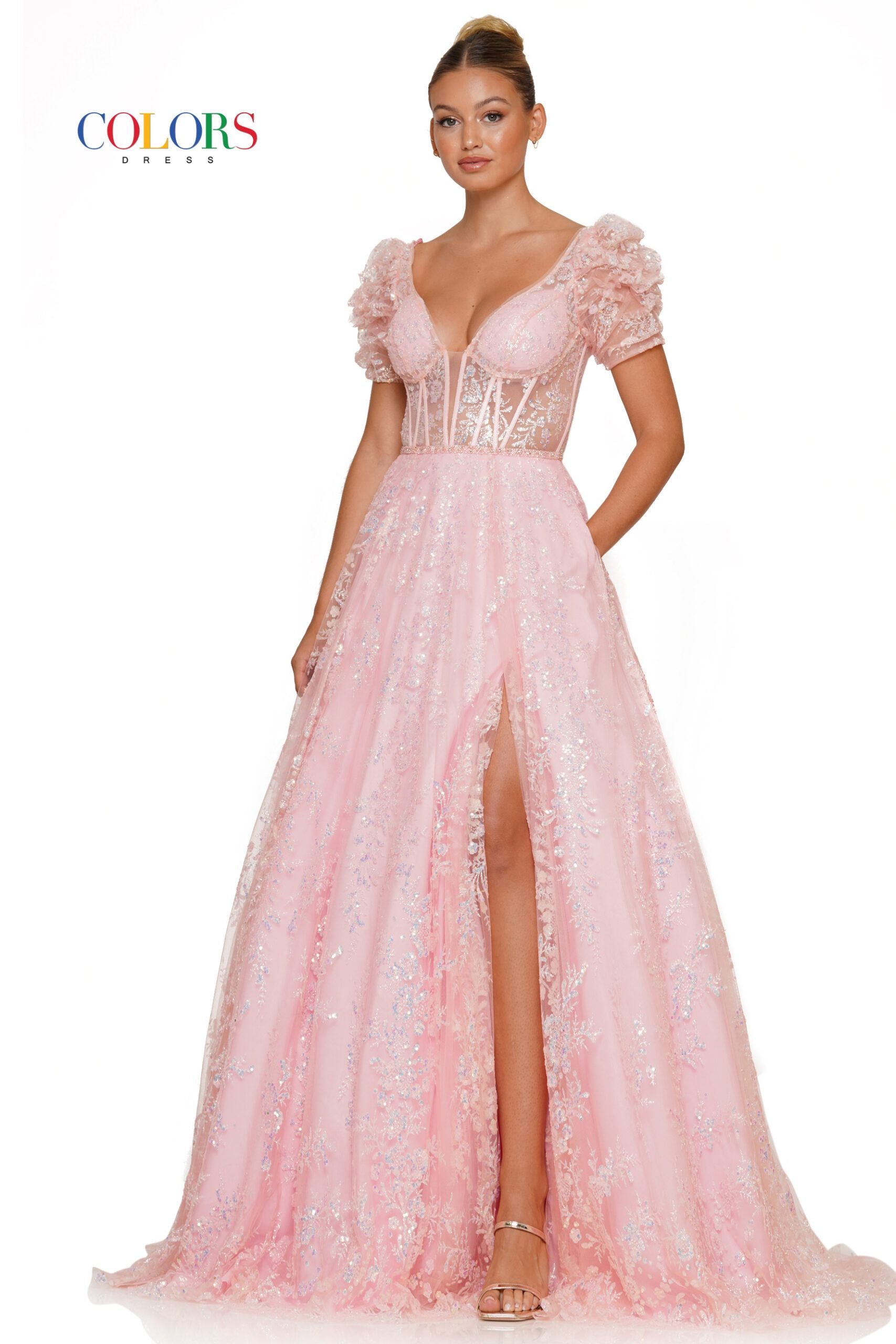 Colors Dress -3243 Puff Sleeves Sequin Glitter Ballgown