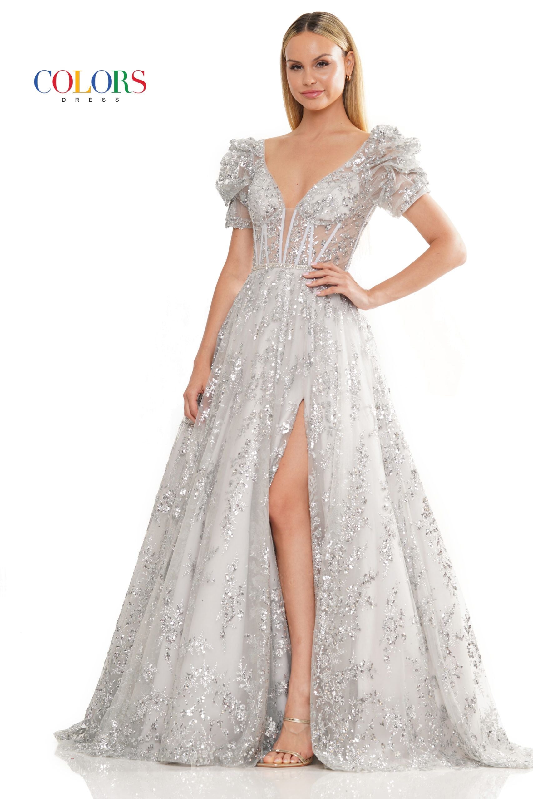 Colors Dress -3243 Puff Sleeves Sequin Glitter Ballgown