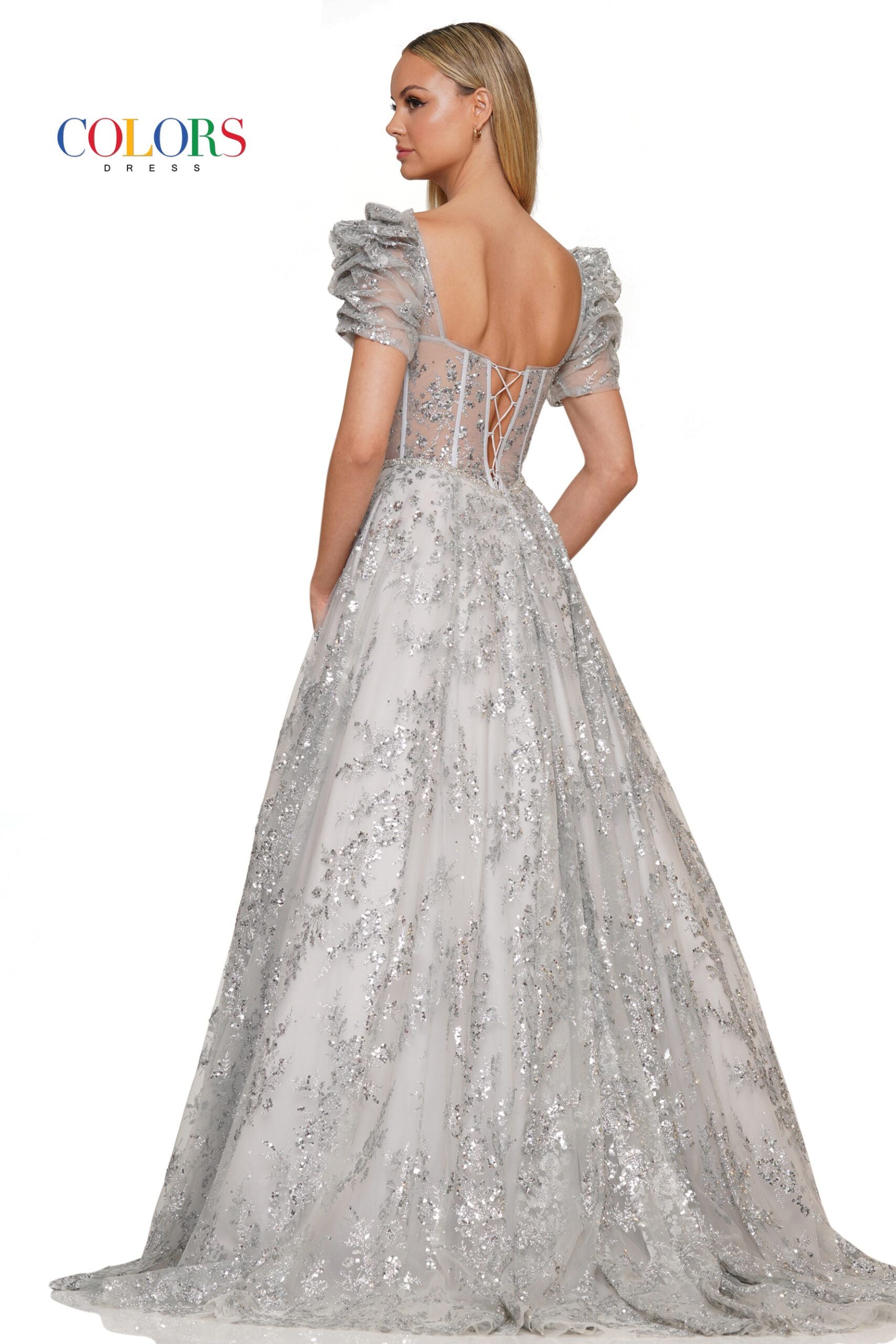 Colors Dress -3243 Puff Sleeves Sequin Glitter Ballgown