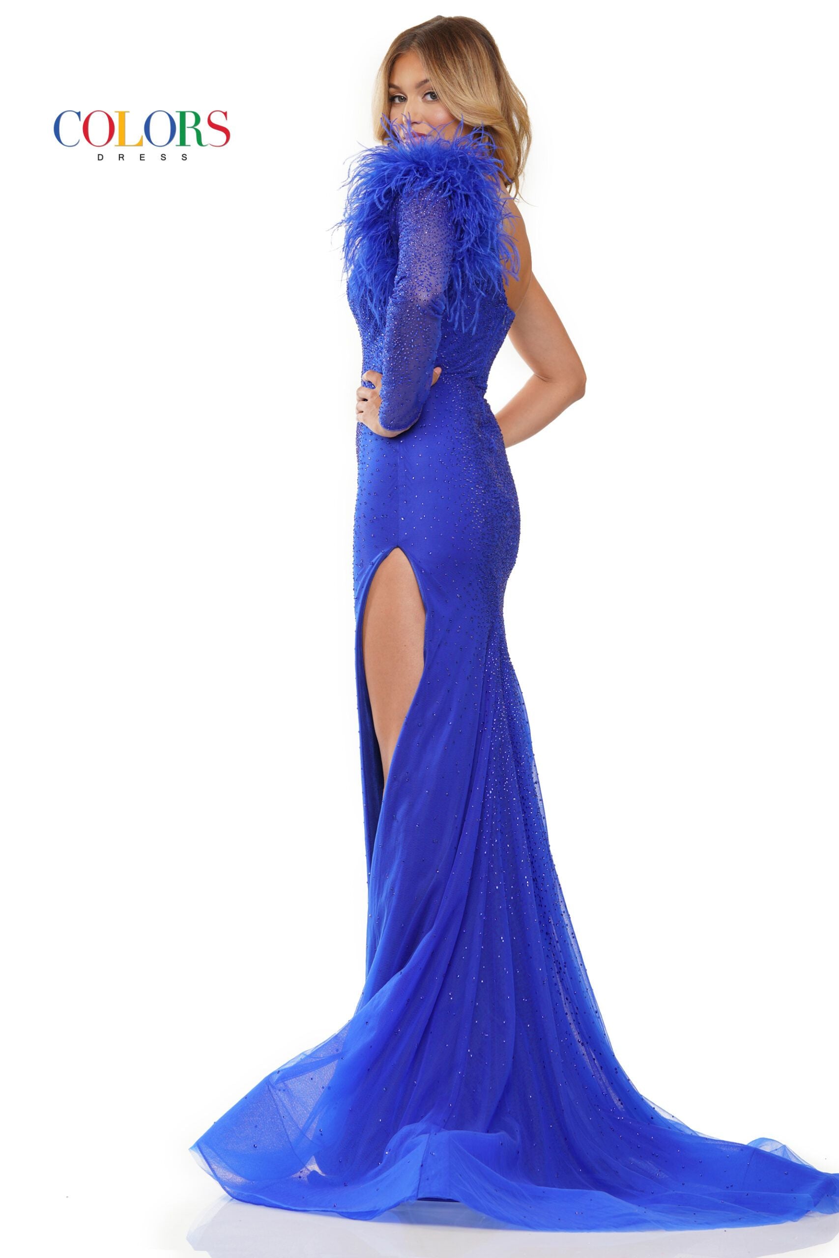 Colors Dress -3251 One Shoulder Mesh Feather Prom Dress