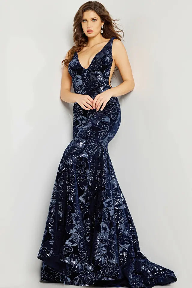 Jovani -32581 Velvet V-Neck Evening Gown