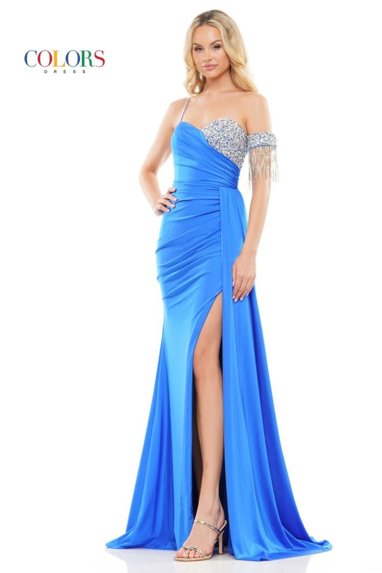 Colors Dress -3275 Single Strap Satin Beaded Fit Dress