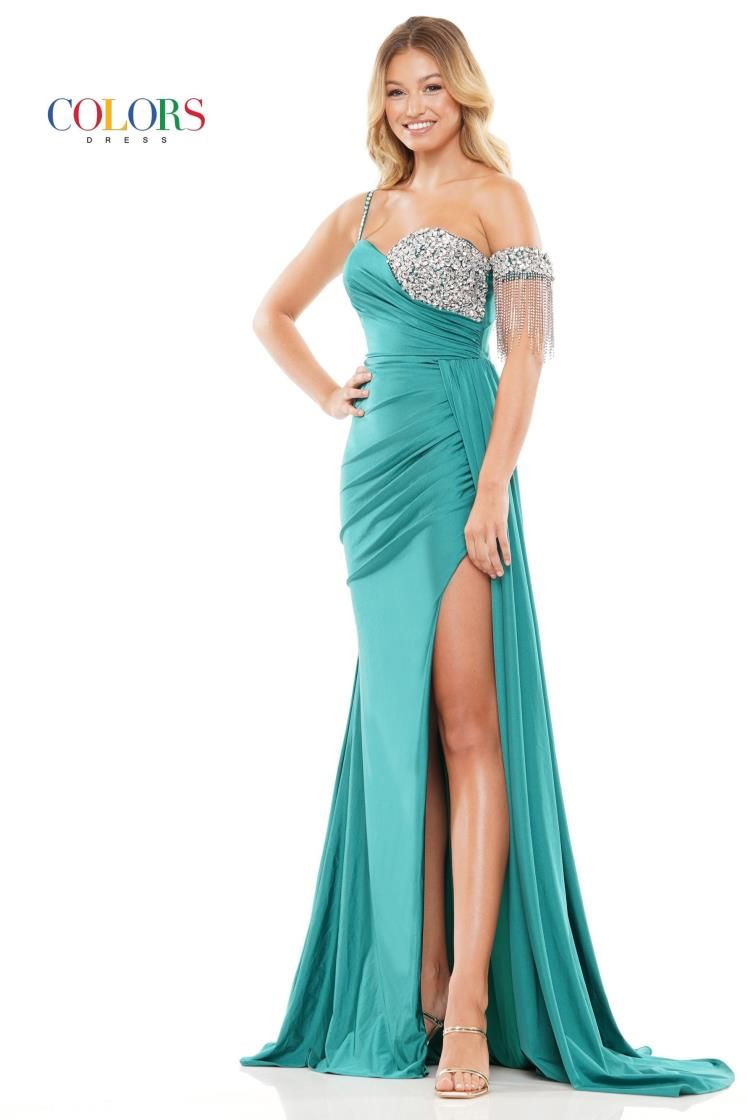 Colors Dress -3275 Single Strap Satin Beaded Fit Dress