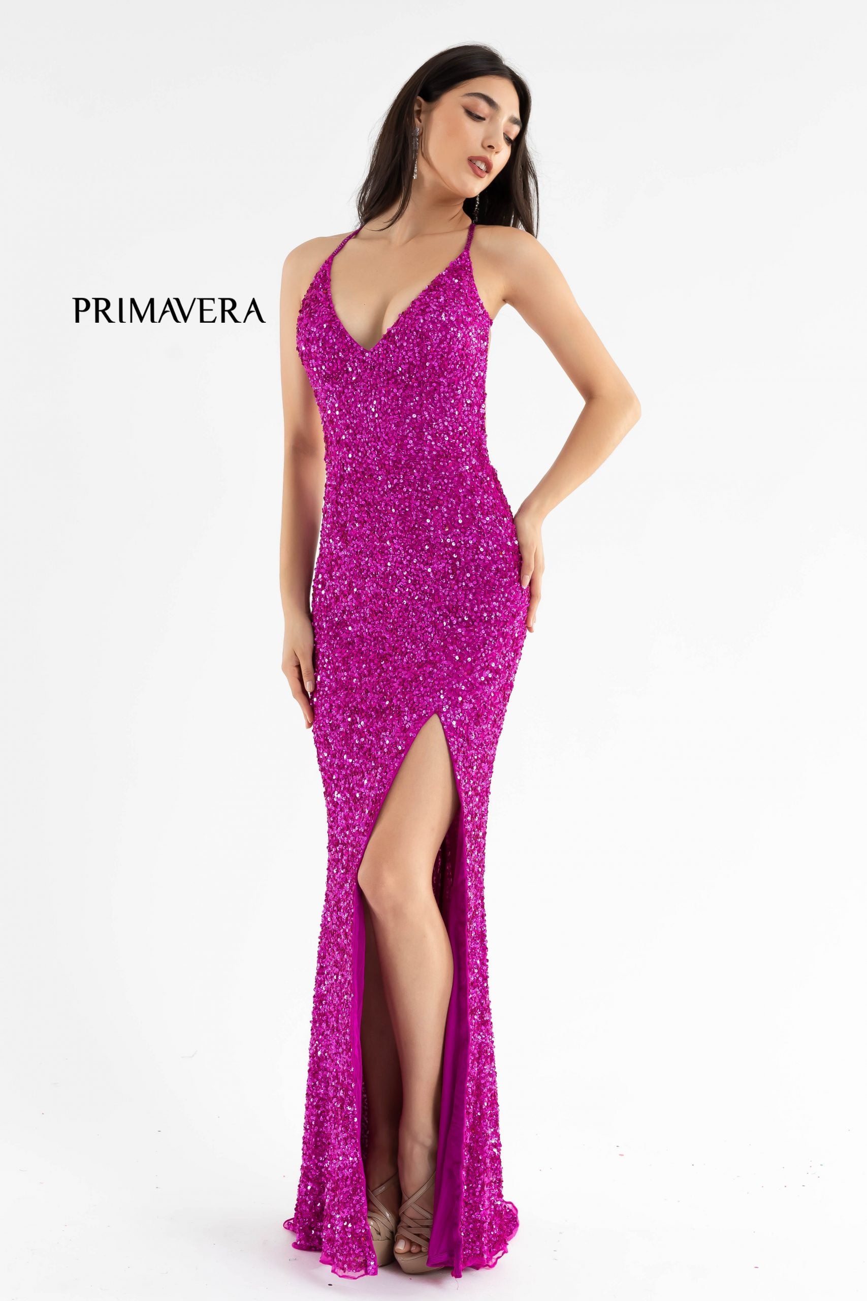 Sheath Sequin V Neck Gown By Primavera Couture -3291