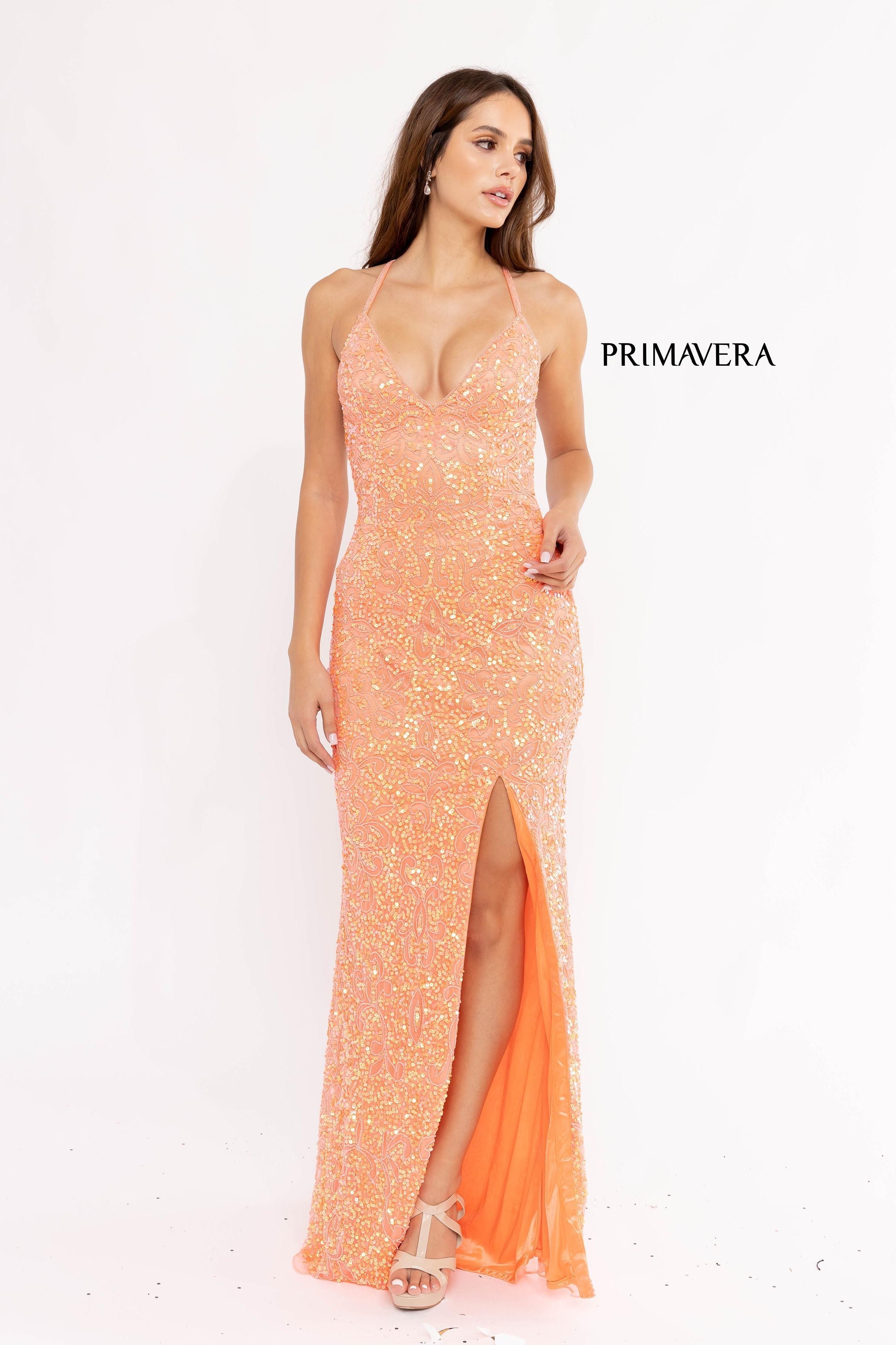 Full Sequin Beaded Dress With V Neckline 02 By Primavera Couture -3295